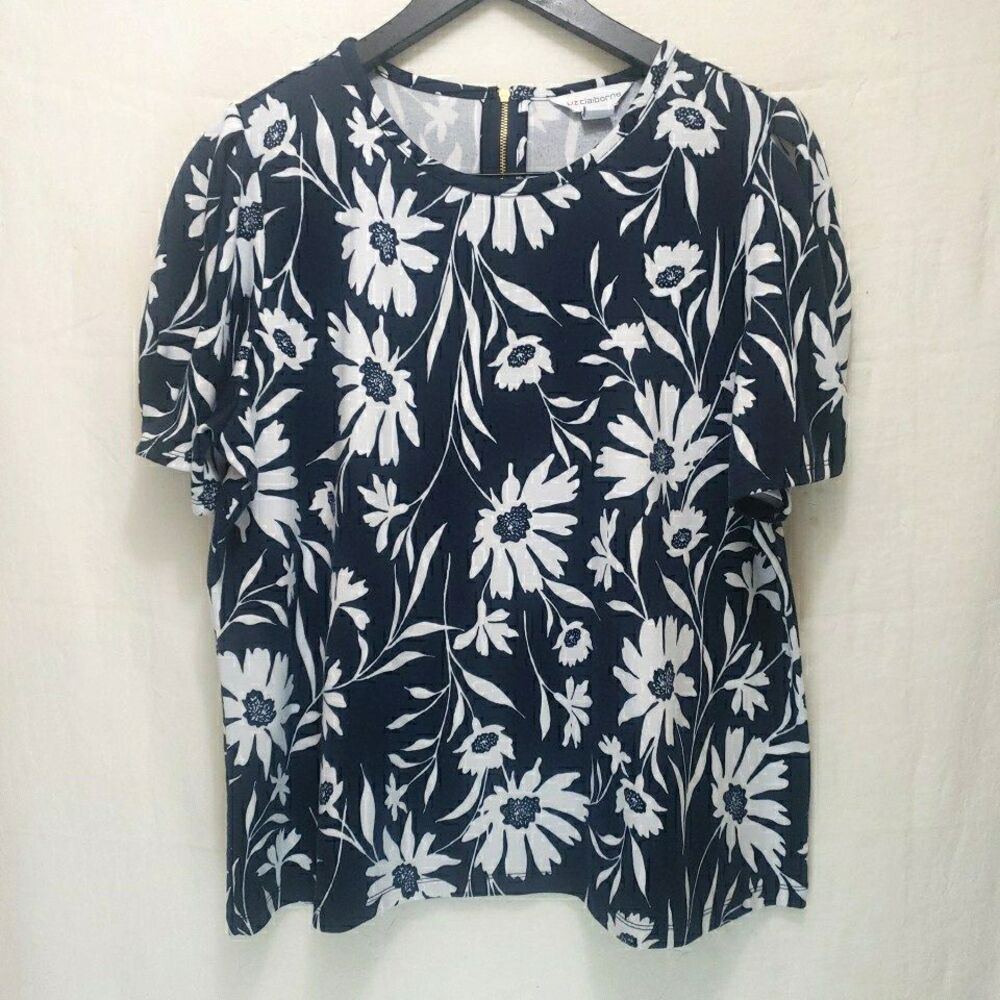 Liz Claiborne Navy Blue White Floral Blouse XXL Plus Puff Sleeve Back Zip